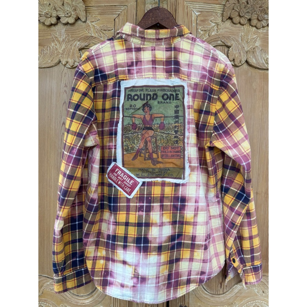 Upcycled Boxing Girl Flannel Medium Folk Art Grunge Indie Shirt - Picture 4 of 6